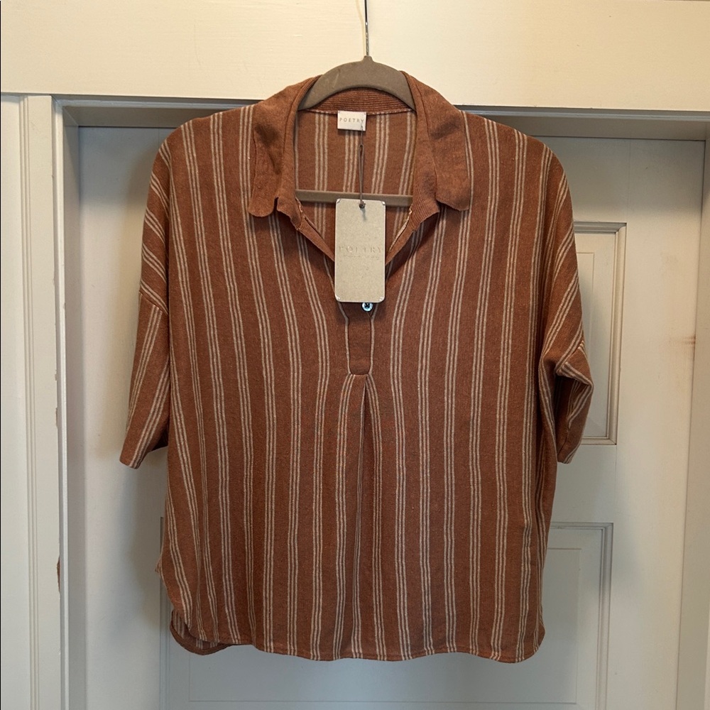Poetry Terracotta and Cream Striped Linen Short Sleeve Sweater